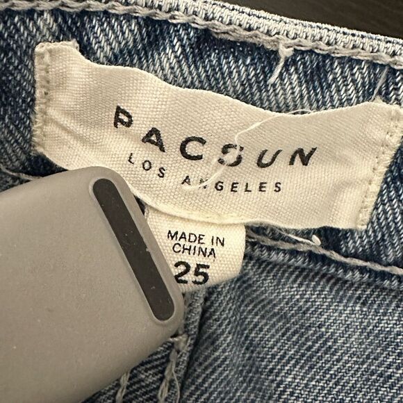 Pacsun Denim Mini Skirt 25 Medium Wash Dark Stripes On Sides Raw Hem - Picture 4 of 5